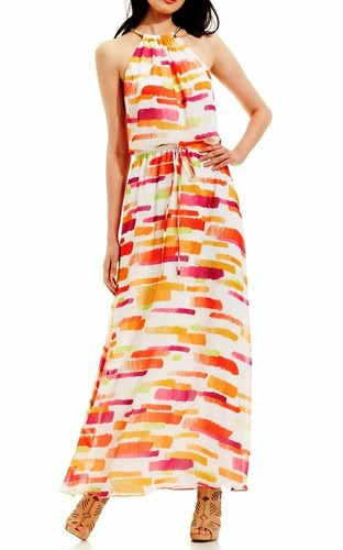 $168 VINCE CAMUTO White Orange Multi Color Chain Halter Maxi Dress ~ 6 M3020 - Picture 7 of 12