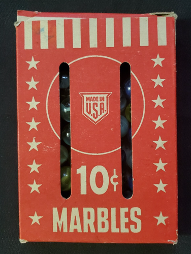 Vintage Cat Eye marbles (50) in red box, USA made, very good condition