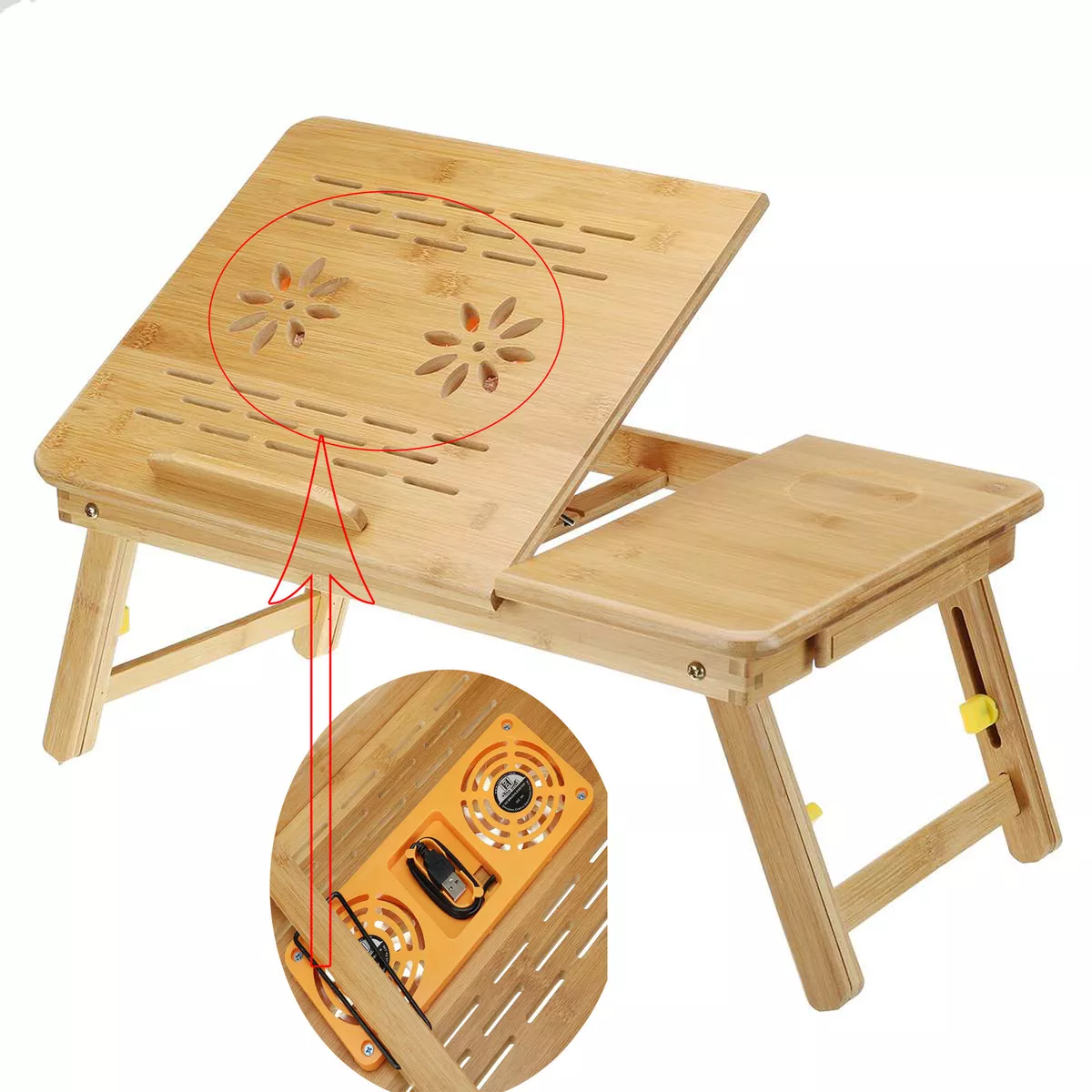 Bamboo Laptop Adjustable Folding Table 4 Level Tray Draw USB Fan UK