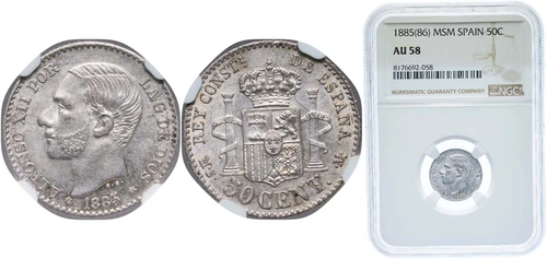 Spain 1885 86 MSM 50 Centimos Silver 835 NGC AU 58