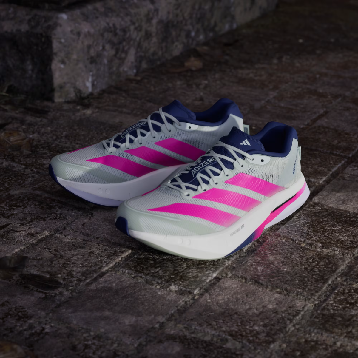 Adizero Boston 13 Men's Shoes in Linen Green/Shock Pink/Dark Blue