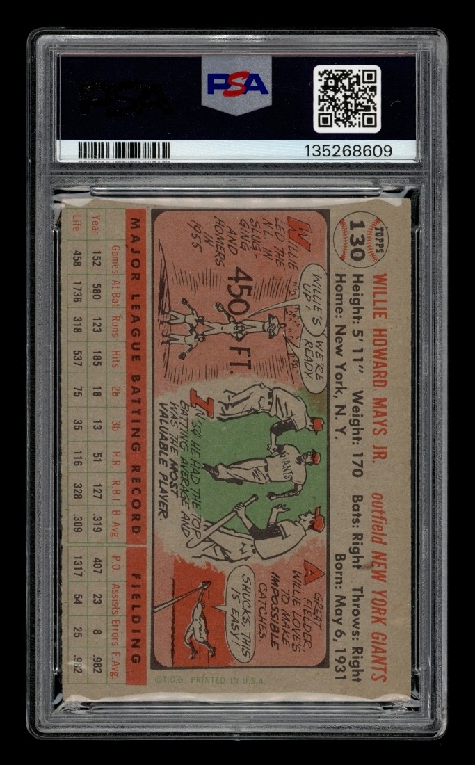 1956 Topps Set-Break #130 Willie Mays Gray Back PSA 4 VG-EX view 2