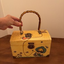 Vintage Lacquered Decoupage Wooden Box Purse w/ Lucite Handle