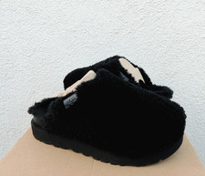 UGG BLACK FUZZ SUGAR WOOL/ FAUX FUR FLUFF SLIDE SLIPPERS, US 8/ EUR 39 NEW