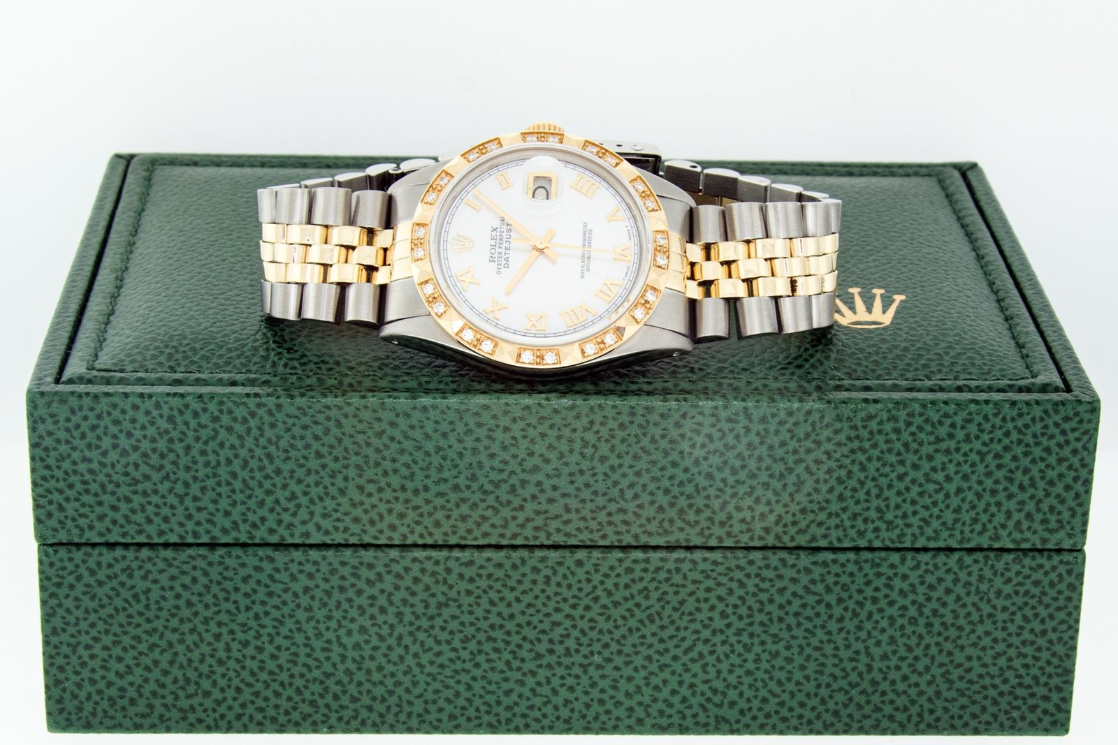 Rolex Mens Datejust White Roman Watch Steel and 18K Gold Diamond Bezel Rolex Box image 7