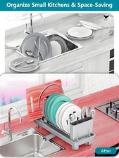 Compact Dish Drying Rack, Gray Counter Dish Drainer with Utensil Holder, 16.5...
