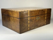 Antique Victorian Walnut Tunbridge Ware Inlaid Jewellery Box, Lined, Lock n' Key