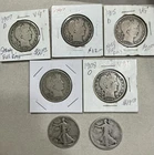 Barber & Walking Liberty Silver Half Dollar Lot 7 Coins $3.50 FV