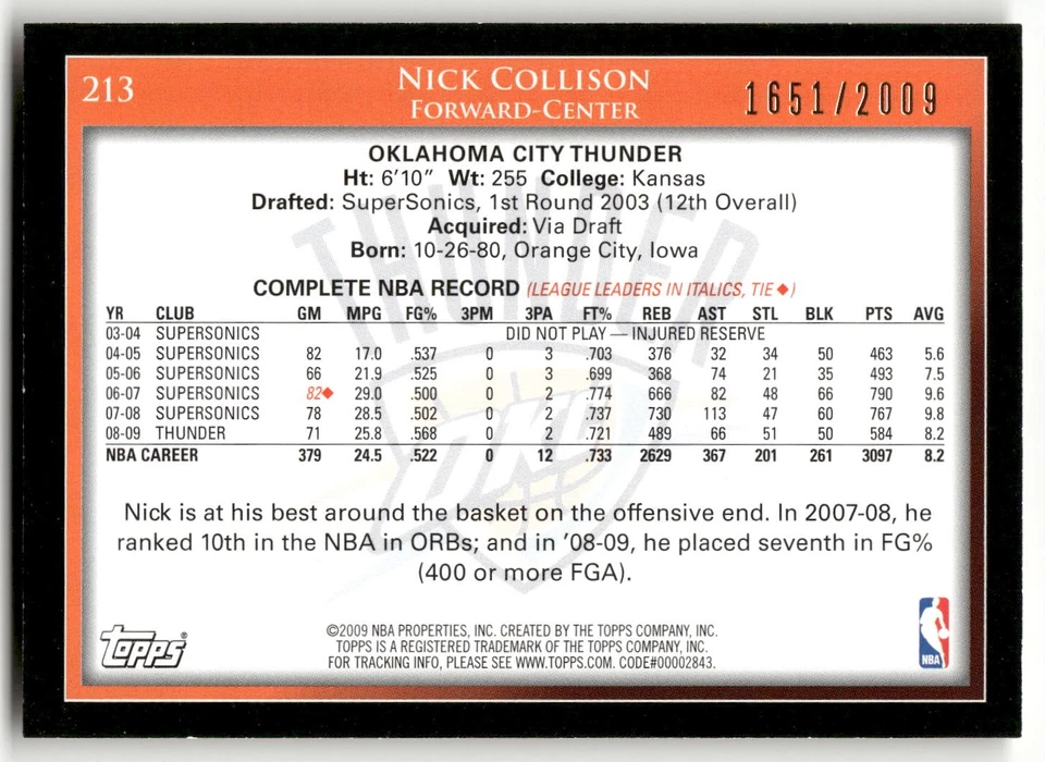 Nick Collison 2009-10 Topps Gold #213 SN Oklahoma City Thunder - Image 2 of 2