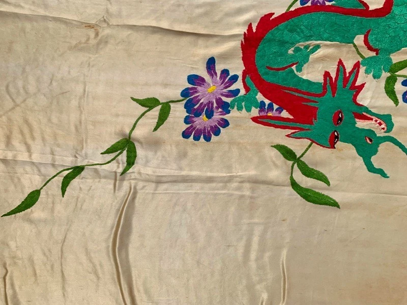 Tapiz antiguo chino bordado a mano panel dragón decoración seda colgante 3x6 pies Foto 4 de 4