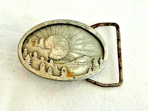 Vintage Indiana Metal Craft Belt Buckle Pewter Sunrise Sunset Mountain 1977