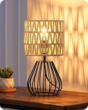 Small Rattan Table Lamp, Industrial Bedside Lamp, Handwoven Lampshade, Boho Lamp