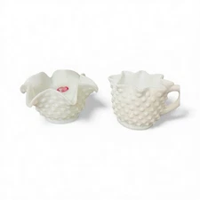 Fenton Milk Glass Hobnail Creamer & Ruffled Bowl Set White Scalloped Edge VTG