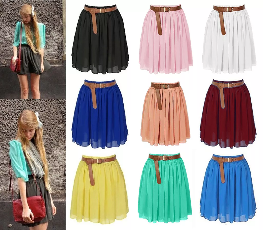 Women Mini Skirt Girl Chiffon Short Dress Pleated Retro Elastic