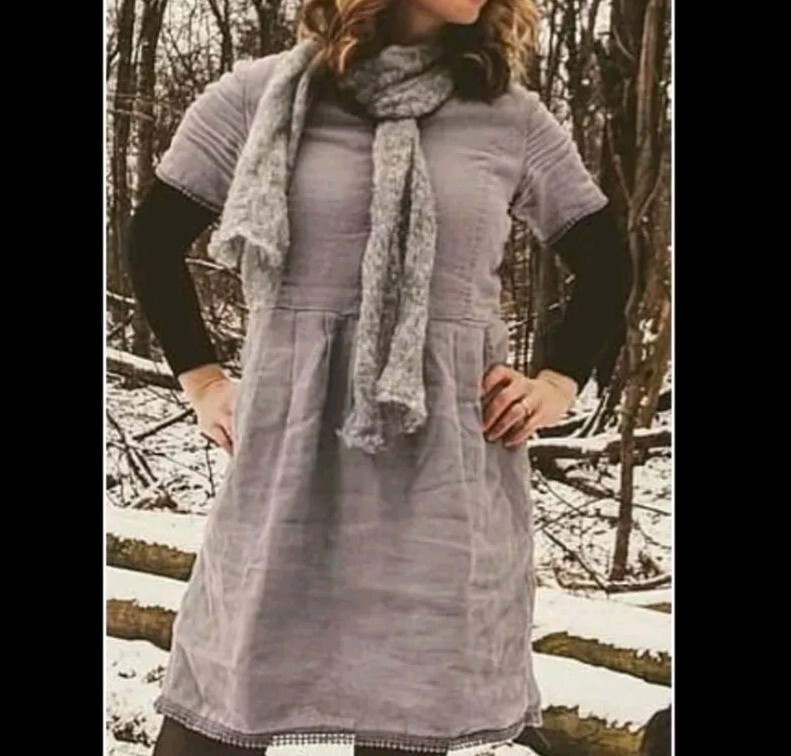 Thought Casual 100 Hemp Short Sleeve Empire Waist Midi Dress Gray Heavy Sz 16 44