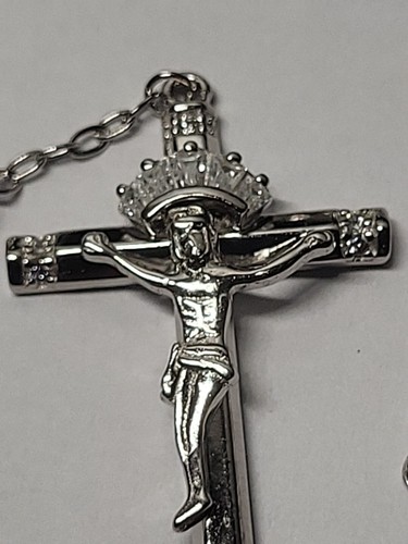 Sterling Silver Rosary Necklace Guadalupe Medallion Center Dimond Cut - Picture 10 of 17