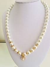 Bridal Ivry Glass Pearl Necklace, Cubic Zirconia Gold Plated Apple pearl Pendant