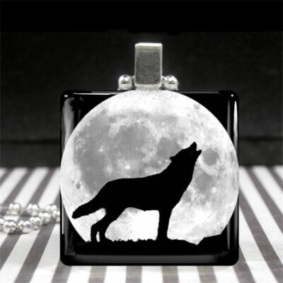 Howling Full Moon Wolf Necklace Silhouette Art Glass Pendant Silver Jewelry  New