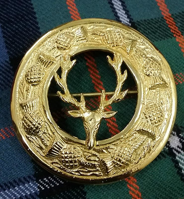 ST Scottish Kilt Fly Plaid Brosche Hirschkopf Gold Finish 3'' Celtic Pin & Broches