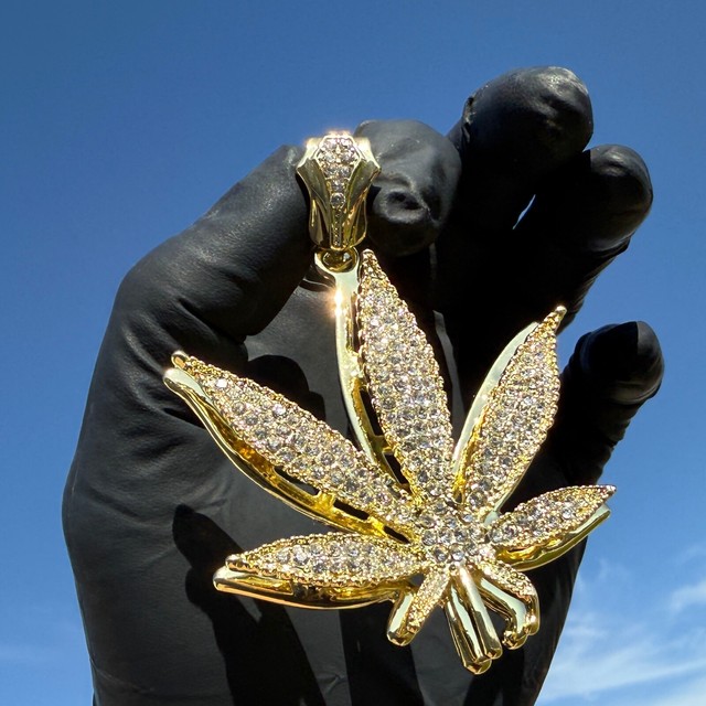 Iced Marijuana Leaf Pendant, 14K White Gold Plated CZ — Etsy