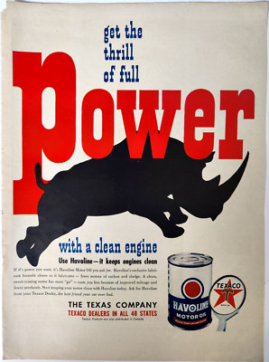Rhino Power Texaco Havoline Motor Oil Vintage Ad 1949 Magazine Art Print