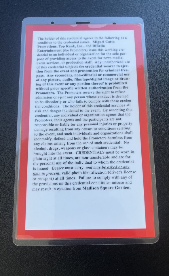 Miguel Cotto - Sergio Martinez Boxing Press Pass Credential (2014) New ...