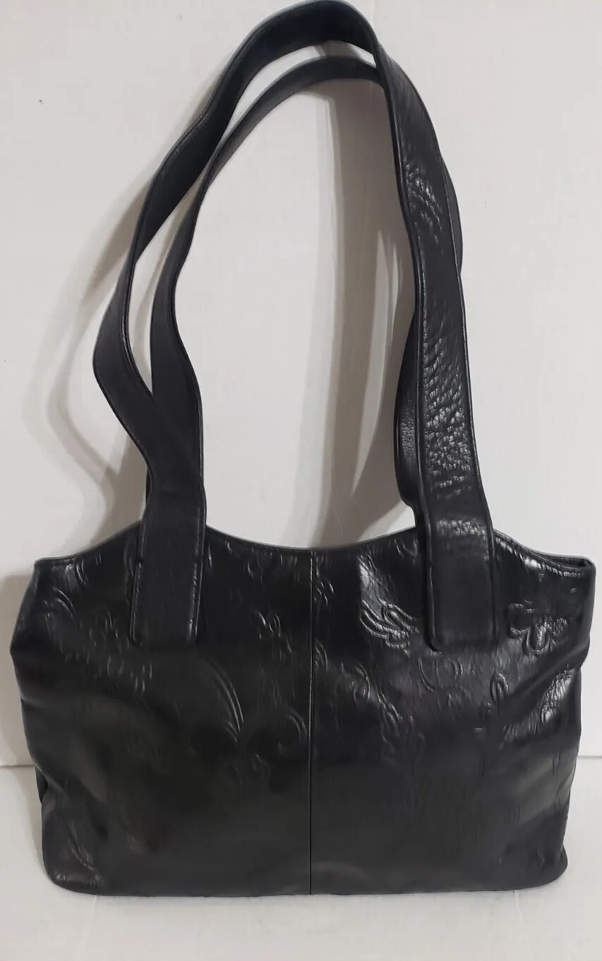 Fossil Purse Black Embossed Leather Tote Double Straps Shoulder Bag eBay