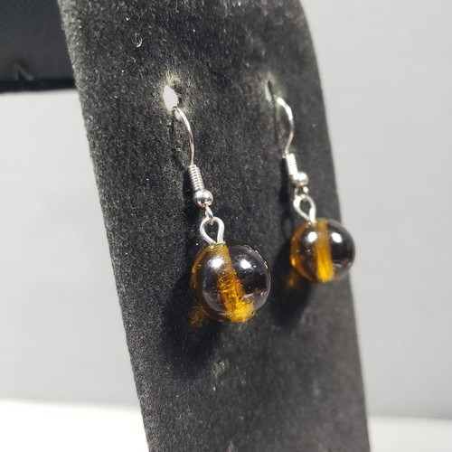 Pierced Earrings Silver Tone Amber Glass Beaded Dangle Modernist Boho 1" - Picture 2 of 9