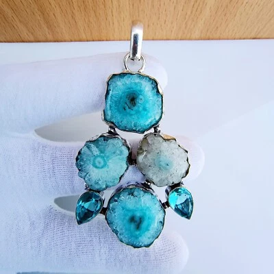 Handcrafted Solar Agate Blue Topaz Gemstone Pendant 925 Sterling Silver Jewelry - Image 1 of 4