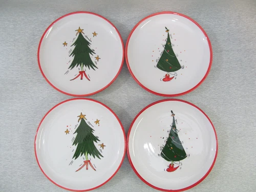 Set of 4 International Silver Co Christmas Tree Dessert Plates 8" Red Trim NIB - Picture 1 of 5