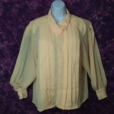 Vintage 80s Allison Smith Sheer Pleated Blouse Top -16 Flower Beads Yellow Flaws