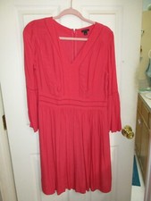 Ann Taylor Dark Pink V Neck Bell Sleeve Ladder Lace Peasant Fit & Flare Dress- 6