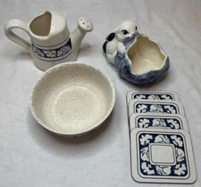 Potting Shed Dedham Pottery Bunny Rabbit: Watering Can, Bowl, Planter, Coasters