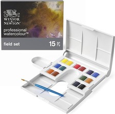 Winsor  Newton Professional Watercolor Paint FIELD SET Box, 12 Half Pan 15 Pc