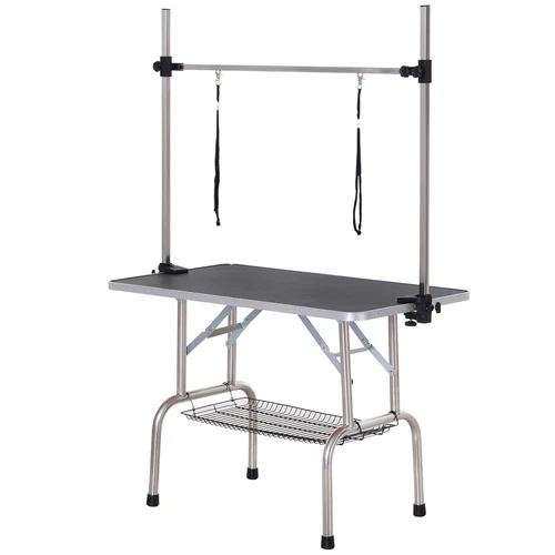 Adjustable Metal Dog Grooming Table With Rubber Top & 2 Safety Slings - Black