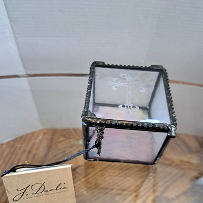 Glass Trinket Box With Etched Cross Iridescent J Devlin NWT