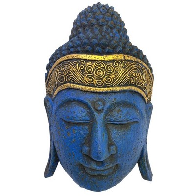 Blue Buddha Mask Balinese Wood Carving Handcrafted Wall Decor Bali Folk Art 
