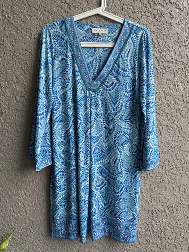 Hale Bob Women’s Knee Length Bell Sleeve Stretch Lined Blue Geometric Dress Sz M