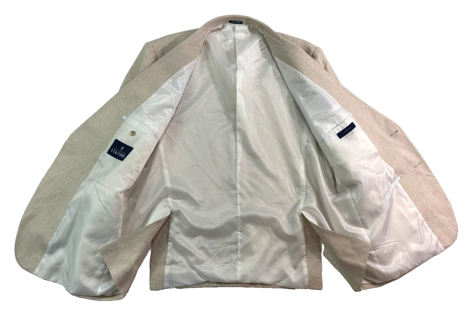 Stafford 50R Beige Espiga Lino Algodón Blazer Chaqueta Traje Deportivo Abrigo Foto 3 de 4