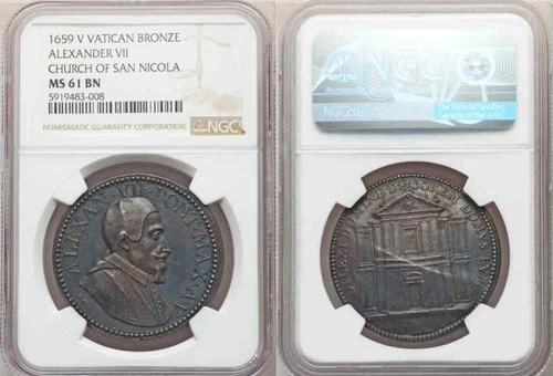 1659 Papal Bronze Medal Pope Alexander VII A V Church of San Nicola NGC MS61
