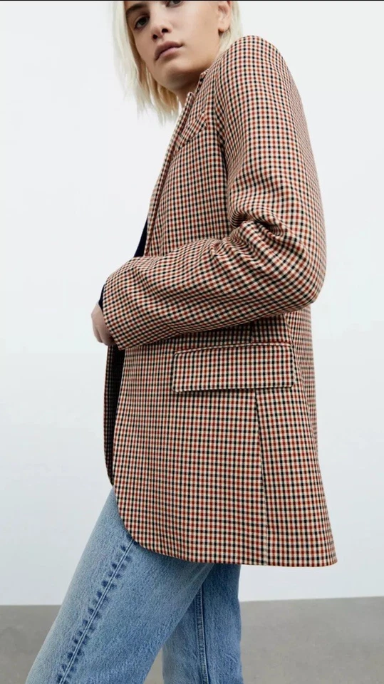 ZARA Dogtooth Check Blazer Jacket Size XS Relaxed Shape Multicolour Houndstooth - Image 4 of 4