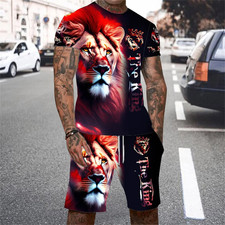 Men Suit Fashion Hawaiian Men Lion 3D Print Casual Shorts + Shirt Men Set Lion