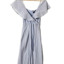 Lulus Yacht Rock Blue and White Stripe Off the Shoulder Midi Dress Size Large