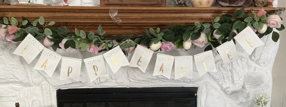 Happy Easter Canvas Bunner White Gold Pink Fabric 60’’ Hanging Easter Decoration - Image 2 of 4