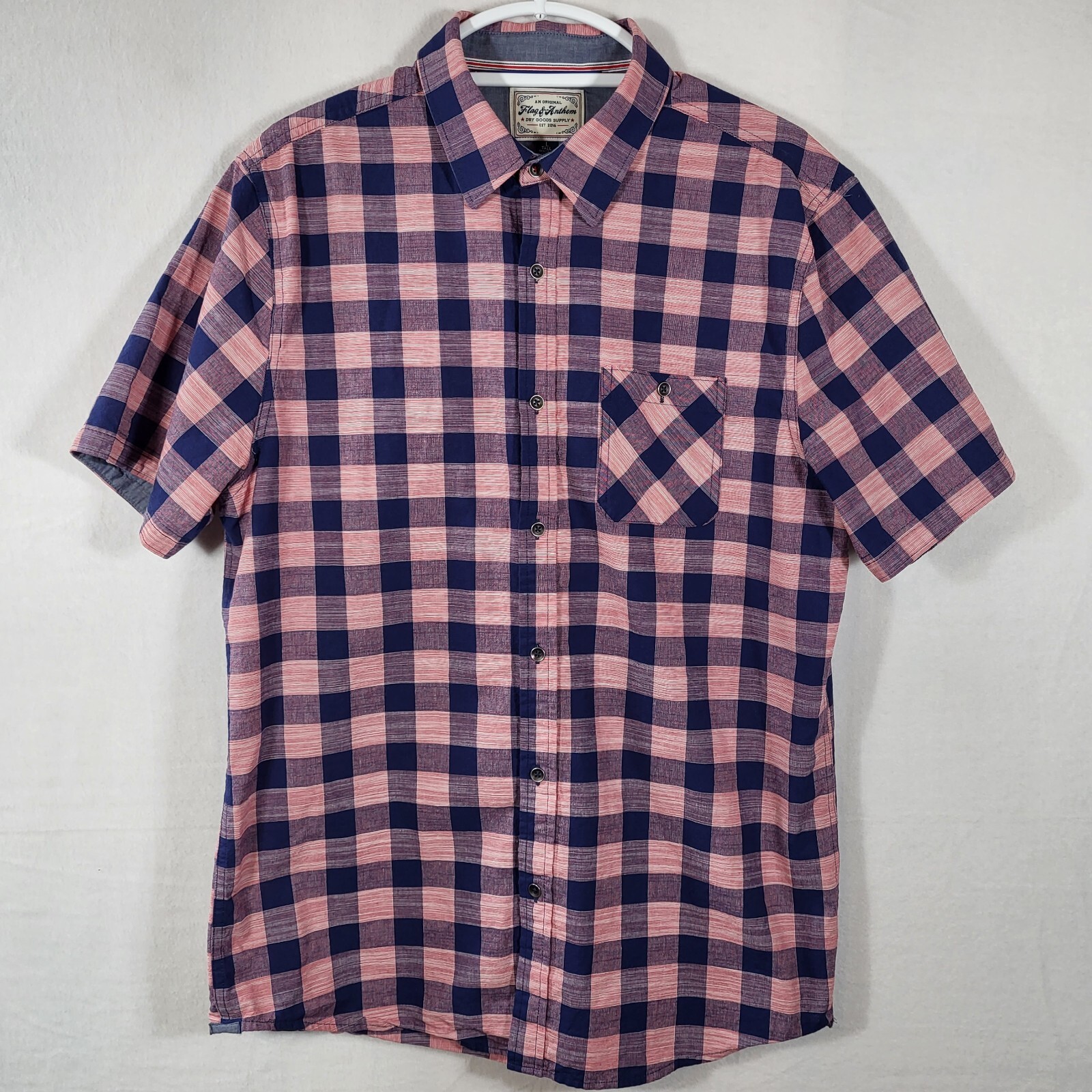 Flag & Anthem Short Sleeve Button Up Shirt Large Tall  Pink Blue Check Plaid