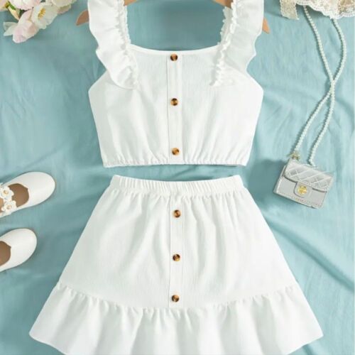 Elegant White Ruffle Crop Top and Skirt Set Summer Beach Vacation Outfit