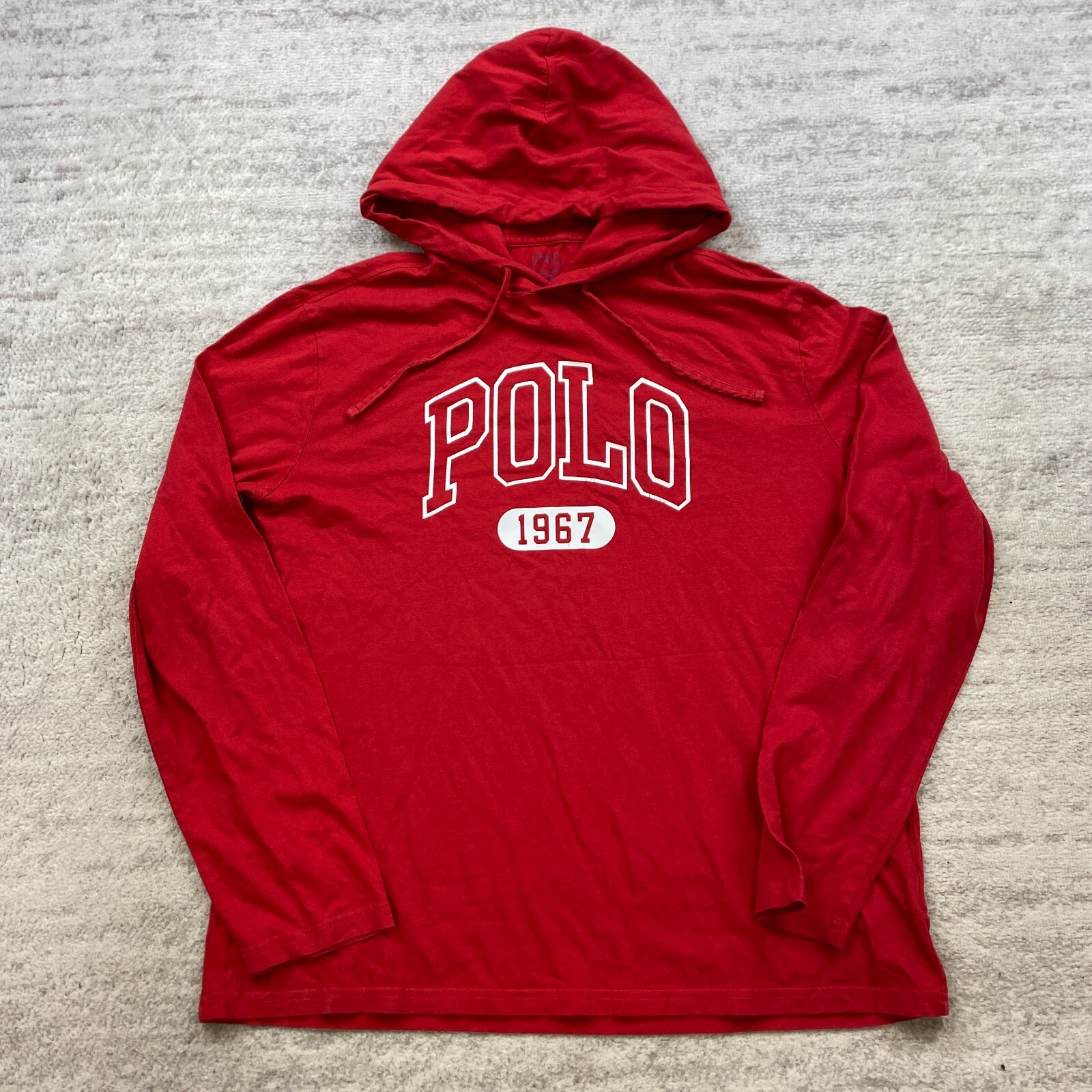 Polo Ralph Lauren Felpa con Cappuccio Grande Rosso Bianco Pony Rugby Spellout Regolabile Outdoor