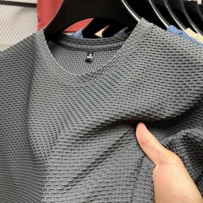 Men's Ice Silk Short Sleeve T-shirt Mesh Tees Round Neck Breathable Top Pullover