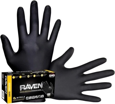 SAS Raven Black Nitrile Gloves Powder Free New 7mil Version (100 Gloves/Box)