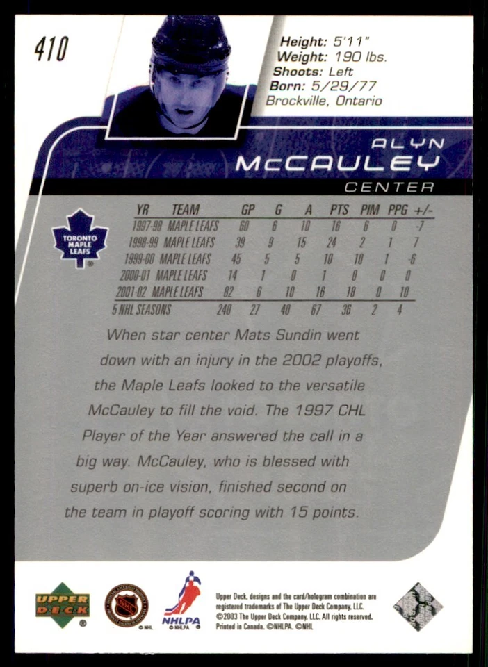 2002-03 Upper Deck Alyn McCauley Toronto Maple Leafs #410 - Image 2 of 2